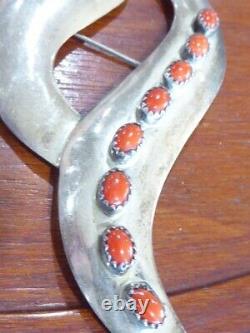 Signed Robert Johnson Vintage Navajo Native American Sterling Coral Pin 4' Pin