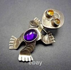 Signed SHEKA Vintage ZUNI Sterling Silver YELLOW & PURPLE Glass FROG PIN/BROOCH