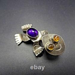 Signed SHEKA Vintage ZUNI Sterling Silver YELLOW & PURPLE Glass FROG PIN/BROOCH