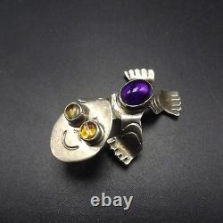 Signed SHEKA Vintage ZUNI Sterling Silver YELLOW & PURPLE Glass FROG PIN/BROOCH