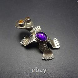 Signed SHEKA Vintage ZUNI Sterling Silver YELLOW & PURPLE Glass FROG PIN/BROOCH