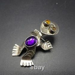 Signed SHEKA Vintage ZUNI Sterling Silver YELLOW & PURPLE Glass FROG PIN/BROOCH