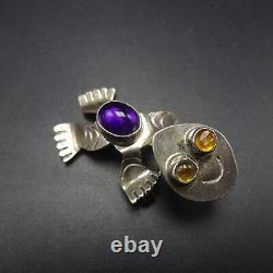 Signed SHEKA Vintage ZUNI Sterling Silver YELLOW & PURPLE Glass FROG PIN/BROOCH