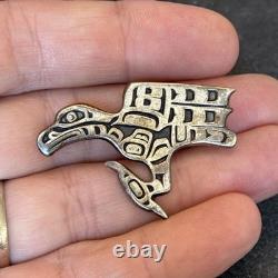 Signed Sterling Silver Eagle Raven Overlay Brooch Northwest Coast PNW Vintage Yd