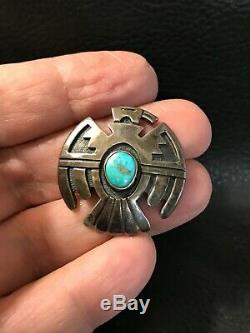 Signed TED WADSWORTH Sterling Silver Turquoise Thunderbird Pin HOPI Native Amer