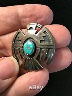 Signed TED WADSWORTH Sterling Silver Turquoise Thunderbird Pin HOPI Native Amer