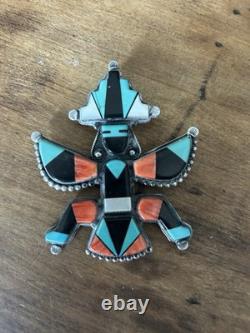 Signed TÈMÈ Zuni Sterling Turquoise Coral Inlay Knifewing Pin