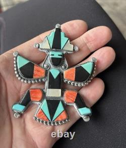Signed TÈMÈ Zuni Sterling Turquoise Coral Inlay Knifewing Pin