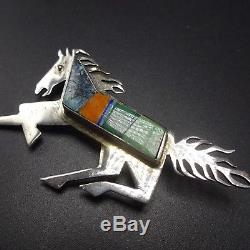 Signed Vintage NAVAJO Sterling Silver & Turquoise Channel Inlay HORSE PIN/BROOCH