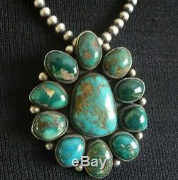 Signed Vintage NAVAJO Sterling Silver Turquoise Cluster PENDANT/PIN + 18 Strand