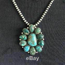 Signed Vintage NAVAJO Sterling Silver Turquoise Cluster PENDANT/PIN + 18 Strand