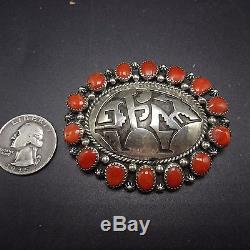 Signed Vintage NAVAJO Sterling Silver overlay & CORAL Cluster PIN/PENDANT Bear