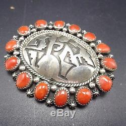 Signed Vintage NAVAJO Sterling Silver overlay & CORAL Cluster PIN/PENDANT Bear