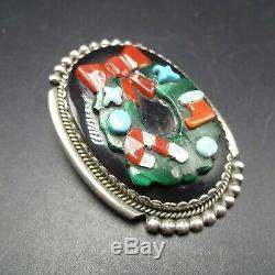 Signed Vintage ZUNI Sterling Silver INLAY Christmas Wreath PIN/PENDANT