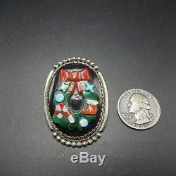 Signed Vintage ZUNI Sterling Silver INLAY Christmas Wreath PIN/PENDANT