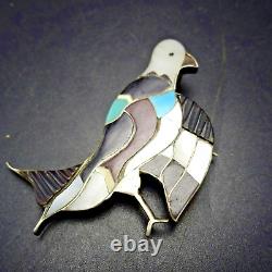 Signed Vintage ZUNI Sterling Silver TURQUOISE JET MOP Inlay EAGLE PIN/PENDANT