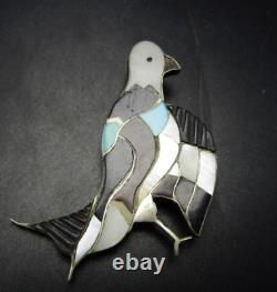 Signed Vintage ZUNI Sterling Silver TURQUOISE JET MOP Inlay EAGLE PIN/PENDANT