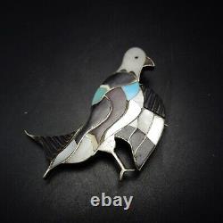 Signed Vintage ZUNI Sterling Silver TURQUOISE JET MOP Inlay EAGLE PIN/PENDANT