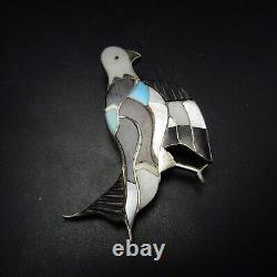 Signed Vintage ZUNI Sterling Silver TURQUOISE JET MOP Inlay EAGLE PIN/PENDANT