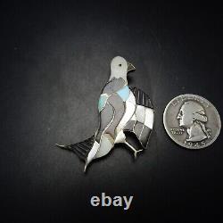 Signed Vintage ZUNI Sterling Silver TURQUOISE JET MOP Inlay EAGLE PIN/PENDANT