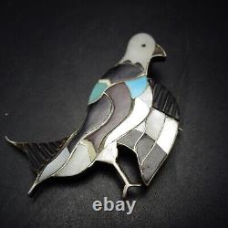 Signed Vintage ZUNI Sterling Silver TURQUOISE JET MOP Inlay EAGLE PIN/PENDANT