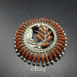 Signed Vintage ZUNI Sterling Silver and Fine CORAL Needlepoint PIN/PENDANT Wyaco
