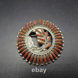 Signed Vintage ZUNI Sterling Silver and Fine CORAL Needlepoint PIN/PENDANT Wyaco