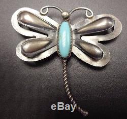 Signed YAZZIE Vintage NAVAJO Repousse Sterling Silver & Turquoise DRAGONFLY PIN