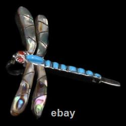 Signed Zuni Dragon Fly Sterling Silver Mother of Pearl & Turquoise Inlay Brooch
