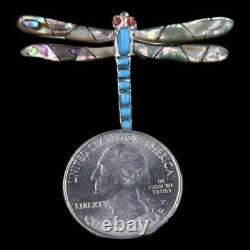 Signed Zuni Dragon Fly Sterling Silver Mother of Pearl & Turquoise Inlay Brooch