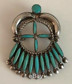 Signed Zuni Ruby Gchachu Sterling Silver Naja Turquoise Needlepoint Pendant Pin