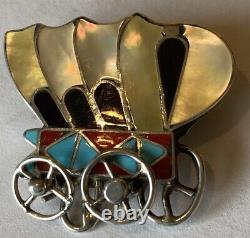 Signed Zuni Sterling Silver Inlay Conestoga Wagon Pin/Pendant