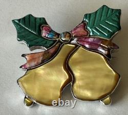 Signed Zuni Sterling Silver Inlay Holly/Bells Christmas Pin/Pendant