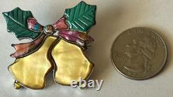 Signed Zuni Sterling Silver Inlay Holly/Bells Christmas Pin/Pendant