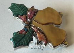 Signed Zuni Sterling Silver Inlay Holly/Bells Christmas Pin/Pendant