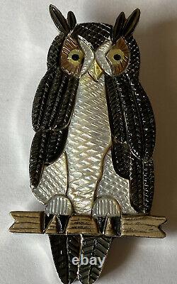 Signed Zuni Sterling Silver Inlay Owl Pin/Pendant