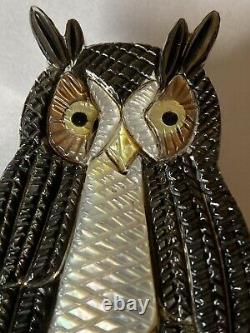 Signed Zuni Sterling Silver Inlay Owl Pin/Pendant