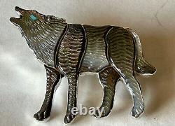 Signed Zuni Sterling Silver Inlay Wolf Pin/Pendant