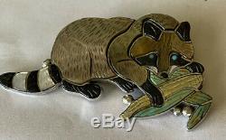 Signed Zuni Sterling Silver Mosaic Channel Inlay Raccoon Pin/Pendant