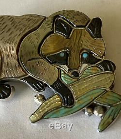 Signed Zuni Sterling Silver Mosaic Channel Inlay Raccoon Pin/Pendant