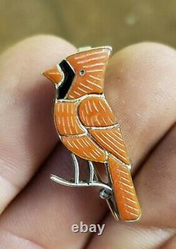 Silver Carved Coral Inlay Red Cardinal Bird Pin Brooch Pendant Vtg Zuni