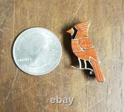 Silver Carved Coral Inlay Red Cardinal Bird Pin Brooch Pendant Vtg Zuni