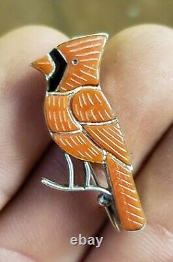 Silver Carved Coral Inlay Red Cardinal Bird Pin Brooch Pendant Vtg Zuni
