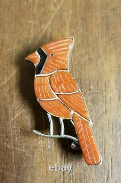 Silver Carved Coral Inlay Red Cardinal Bird Pin Brooch Pendant Vtg Zuni