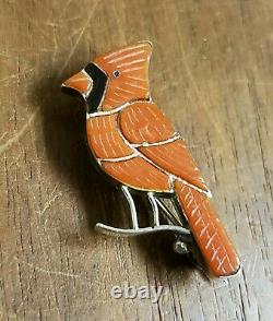 Silver Carved Coral Inlay Red Cardinal Bird Pin Brooch Pendant Vtg Zuni