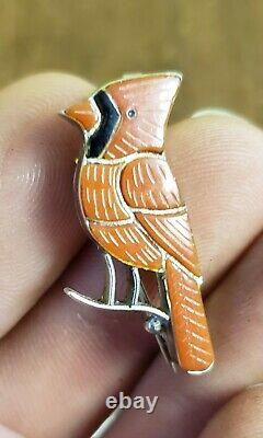 Silver Carved Coral Inlay Red Cardinal Bird Pin Brooch Pendant Vtg Zuni