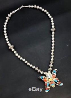 Silver and Turquoise Butterfly Necklace Zuni STERLING Handmade Pin/Pendant
