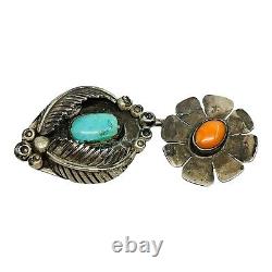 Southwest Sterling Silver Turquoise Coral Vintage Feather & Flower Pin Brooch
