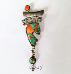 Southwest Sterling Silver Turquoise Spiny Oyster Inlay Pin/Pendant Stamped'GM