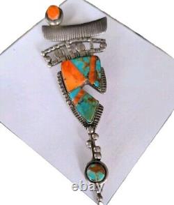 Southwest Sterling Silver Turquoise Spiny Oyster Inlay Pin/Pendant Stamped'GM